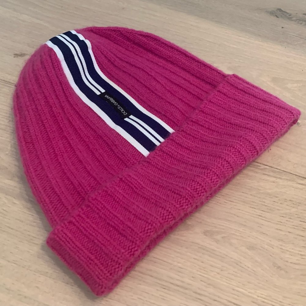 Pink Cashmere Beanie w/ Stripe from Dolce & Gabbana